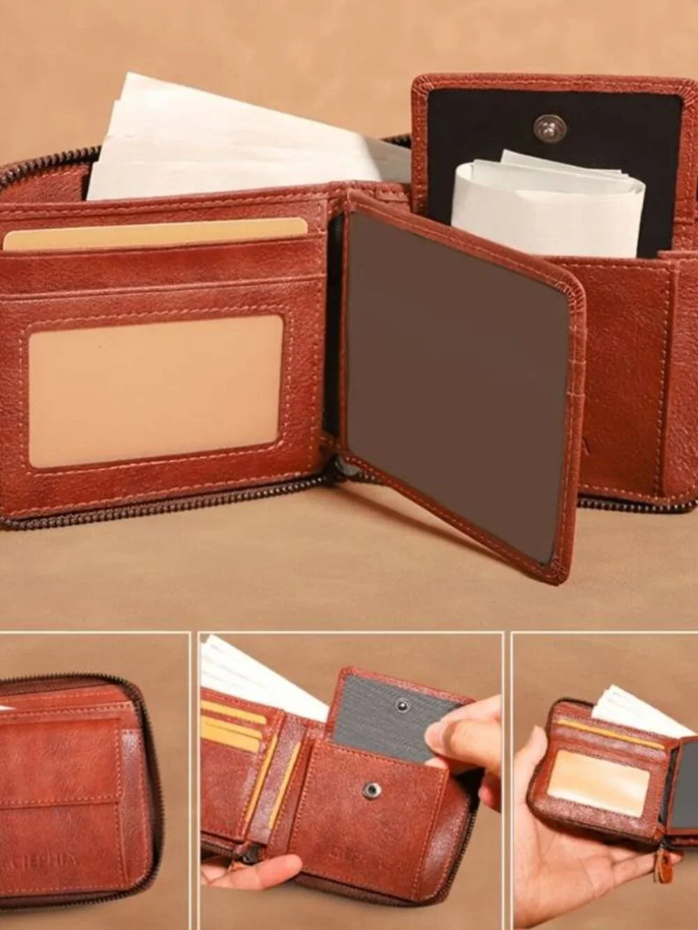 Genuine Leather Zipper Wallet Large Capacity Men's Bifold